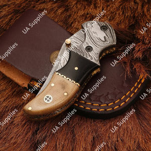 มีดพับดามัสกัส OEM ขายส่ง - มีดพกทำมือ ใบมีดคมกริบ ปลายใบมีดแบบคลิป สำหรับล่าสัตว์และตั้งแคมป์ พร้อมปลอก - Product Image 6