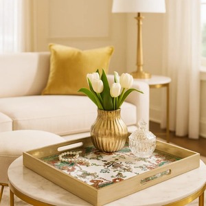 Square Wood Storage <b>Tray</b> With Classic Pattern Lacquered Finish For Table Use - Product Image 2