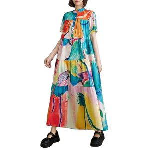 เดรสยาวสไตล์ญี่ปุ่นเกาหลีลายการ์ตูนพิมพ์ลายปะติดปะต่อแขนสั้นทรงหลวมใส่สบายสำหรับฤดูร้อนแฟชั่นสตรีทลำลอง - Product Image 3