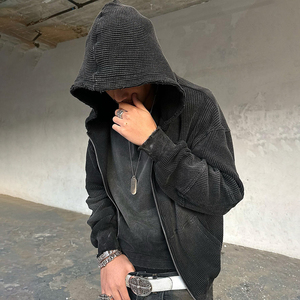 Custom Men's New Spring Waffle Thermal Hoodie Fleece Acid Washed Vintage Design No Strings Hoodies <b>Zip</b>-Up Jacket With <b>Hooded</b> - Product Image 5