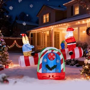 Decorazione Natalizia Gonfiabile Illuminata da 1,44 m, Divertente Babbo Natale e Renna su Dondolo Motorizzato, Grandi Decorazioni per Esterni - Product Image 3