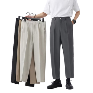 Men Business Casual <b>Trousers</b> Straight Fit Cropped Full Length <b>Summer</b> Suit Pants Loose Fit Long Front Style - Product Image 1