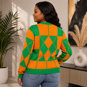 Cosh International Sisterhood Sorority Green <b>Orange</b> Geometric Knitted <b>Cardigan</b> <b>Women</b> Long Sleeve Casual Crew Neck Button Front - Product Image 5