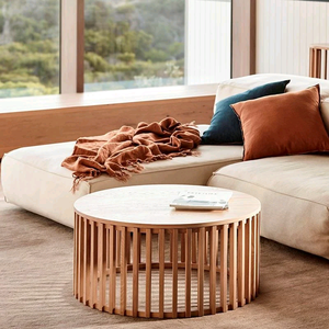 Modern Light Luxury Solid <b>Wood</b> <b>Round</b> <b>Coffee</b> <b>Table</b> With Vertical Slatted Base For Hotel Living Room Apartment - Product Image 3