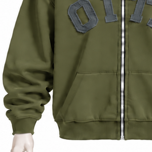Sudadera con capucha verde oliva personalizada para hombre, con cremallera, apliques de letras en chenilla, forro polar grueso, estilo casual oversize, ropa urbana. - Product Image 5