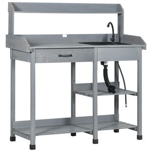 Tavolo da Giardinaggio in Legno Grigio con Lavello Rimovibile, Gancio per Tubo, Cassetto, Ripiani e Ganci - Product Image 1