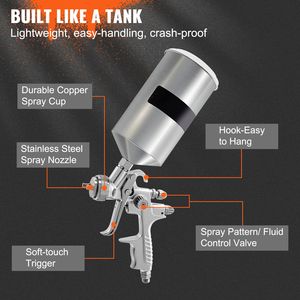 Professional HVLP Air Spray Gun 1.3mm 1.7mm Stainless Nozzles 1000cc <b>Copper</b> <b>Cup</b> Gravity Feed Sprayer for Automotive 1000cc - Product Image 5