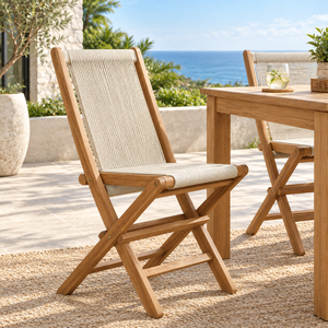 Chaise pliante d'extérieur en teck massif avec assise et dossier en corde tressée, mobilier de patio pour villa, complexe hôtelier et hôtel - Product Image 3