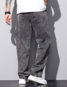 Vaqueros de mezclilla para hombre, lavados a la piedra, de pierna ancha, corte holgado, talla grande, cintura media, estilo casual urbano, 100% algodón, con bolsillo de parche - Product Image 4