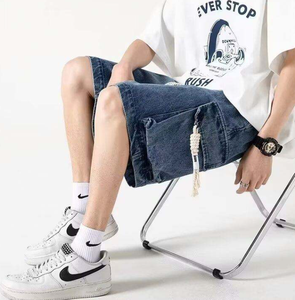 Shorts cargo bleu clair pour homme, taille mi-haute, cordon de serrage, en toile de coton, décontractés, style respirant avec poches - Product Image 4