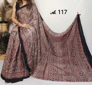 Elegante Saree de Seda Modal con Estampado Ajrakh Hecho a Mano, Colores Naturales, Patrones Geométricos Tradicionales, Tela Pesada, 6.30 Metros de Largo - Product Image 1