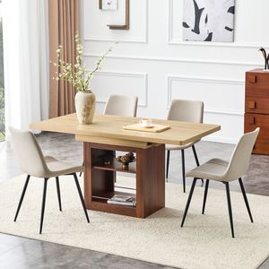 Tavolo da Pranzo Allungabile 59-71 Pollici con Funzione Estraibile, Set di 4 Sedie Curve Larghe in PU Artificiale Grigio Caldo - Product Image 2