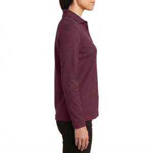 เสื้อโปโลถักแขนยาวผู้หญิงสีทึบลำลองติดกระดุมด้านหน้าสีเบอร์กันดี - Product Image 2
