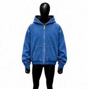 Sweat à capuche zippé bleu délavé, style vintage, coupe oversize streetwear, effet délavé à l'acide, coupe décontractée, fermeture éclair intégrale, décontracté, unisexe, grammage lourd - Product Image 1