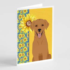 Whimsical Summer Sunflowers Red Fox Labrador Retriever Tarjetas de felicitación Pack 8 A7 Tamaño 5x7 Tarjetas de notas en blanco con sobres - Product Image 1