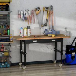 59\" Height Adjustable Garage Workbench with Drawer and Wheels Bamboo Tabletop Workstation Tool Table for Woodworking - Product Image 3