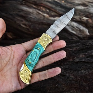 Handmade DIY Industrial Utility Folding Knife Damascus Steel Blade (Straight Edge) 3mm Brass+Wood Handle Drop Point <b>Leather</b> - Product Image 3
