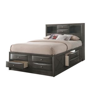 Contemporary Queen Captain Platform Bed with <b>Bookcase</b> Shelves and Side Storage <b>Solid</b> <b>Wood</b> Grey Bedroom Furniture - Product Image 2