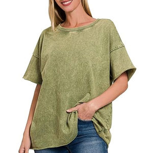 T-shirt délavé à l'acide pour femme grande taille, style personnalisé, décontracté, uni, à manches courtes, 100 % coton, en vente - Product Image 2