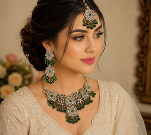 Conjunto de collar choker AD floral verde de lujo con aretes a juego y Maang Tikka de circonita cúbica chapado en rodio para novia/boda - Product Image 2