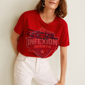 Women's <b>Red</b> Crew Neck T-Shirt With Letter Print Loose Fit Casual Short Sleeve 100% Cotton Jersey Fabric Spring Summer Wear - Product Image 3