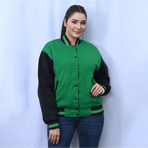 Custom Womens Varsity Jacket Kelly Green <b>Fleece</b> Letterman Jacket <b>Black</b> Contrast Sleeves Ladies Bomber Jacket Casual Streetwear - Product Image 6