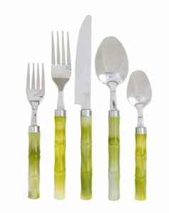 Juego de cubiertos modernos con mango de diseño de bambú y acabado plateado, apto para lavavajillas, para bodas y uso diario. - Product Image 1