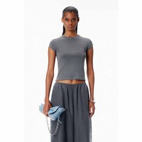 Kaos Crop Wanita Abu-abu Lengan Pendek Kerah Bulat Model Slim Fit Rajutan Katun Spandex Pakaian Kasual Musim Semi Musim Panas