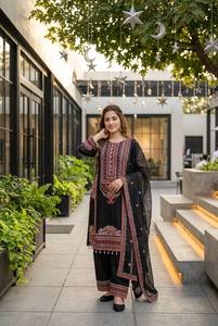 Salwar Kameez Pakistaní Negro Premium Bordado para Mujer, Kurta Recta de Diseñador con Dupatta de Algodón, Ropa Tradicional para Fiestas - Product Image 4