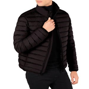 Men's Black Quilted Puffer Jacket Stand Collar Zipper Closure Windproof Casual Winter Outerwear Slim Fit Regular Length - Product Image 2