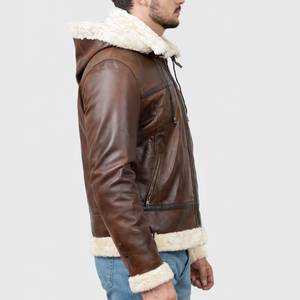 Chaqueta de Cuero Tipo Bomber B-3 con Capucha para Hombre Theodore, Color Marrón, con Forro de Piel Sintética - Chaqueta de Cuero Marrón con Capucha - Product Image 2