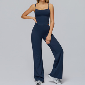 Combinaison de yoga pour femme à col montant, longue, à jambes évasées, sans couture, avec fermeture éclair sur le devant, couleur unie, en spandex et polyester, ensemble 1 pièce - Product Image 6