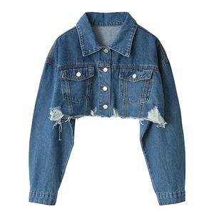 Veste en jean décontractée pour femme, coupe ample, courte, déchirée, à manches longues, style streetwear, pour l'automne - Product Image 1