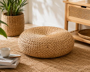 Cojín de suelo redondo de jacinto de agua tejido a mano natural de Vietnam, puf para sentarse, mueble. - Product Image 1