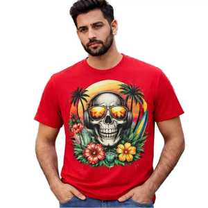 Camiseta de Manga Corta con Estampado Tropical de Calavera Roja para Hombre, Cuello Redondo, Informal, para Verano, con Estampado Digital, Tela Jersey - Product Image 1