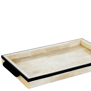 Plateau de service en bois avec incrustations en os blanc européennes et poignées |   Plateau décoratif pour nourriture et boissons, centre de table de cuisine, décoration intérieure - Product Image 1
