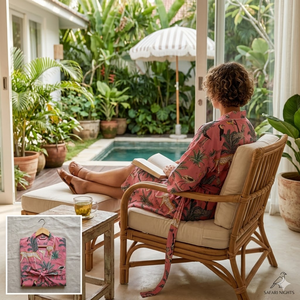 Robe longue en coton bio tissé à la main pour femme, imprimé jungle rose, col en V, manches longues, avec cordon de serrage, tenue de nuit durable - Product Image 4