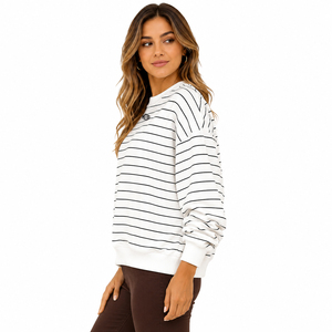 Women's Striped Crewneck Sweatshirt Cotton Fleece Drop Shoulder Rib Cuffs Casual Streetwear Hoodies Private Label OEM Factory - Product Image 4