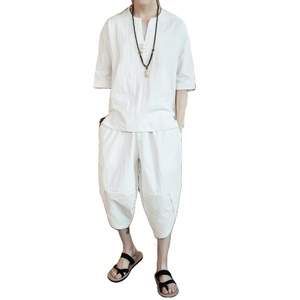2024 été nouveau Style chinois hommes manches trois-quarts 100% coton costume Pan bouton pantacourt écologique grande taille - Product Image 1