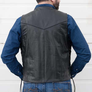 Men’s Black Genuine Leather Western <b>Vest</b> Classic Snap Front <b>Cowboy</b> Waistcoat with Side Lace Design - Product Image 2