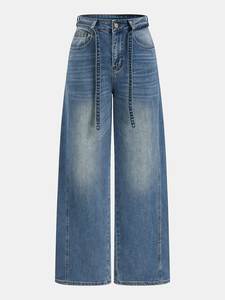 Pantalones vaqueros de algodón lavado a la piedra de cintura alta para hombre, talla grande, corte holgado, casual, con botones, color liso, tejido. - Product Image 4