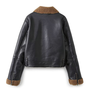 Chaqueta bomber de piel sintética negra para mujer con cuello y puños con ribete de piel, abrigo corto de invierno a prueba de viento, manga larga - Product Image 2