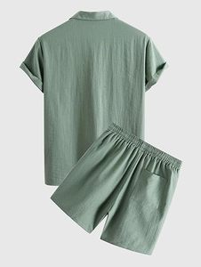 Conjunto de 2 Piezas de Lino para Mujer, Color Sólido, Cuello Camisero, Manga Corta, Corte Holgado, Casual, Transpirable, para Primavera/Verano, por Encima de la Rodilla - Product Image 2