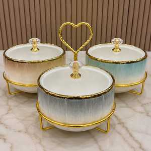 Juego de Tazones de Cerámica con Borde Dorado de Lujo, con Tapas y Soporte Metálico para Uso en la Cocina, para Regalos - Product Image 1