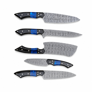 Juego de 5 Cuchillos de Chef Burraq Hechos a Mano, Modernos, Ambidiestros, de Acero de Damasco, con Hoja de 8-9.9 Pulgadas, Mango de Resina y Funda de Cuero - Product Image 1