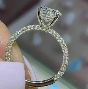 Round Cut Moissanite Engagement <b>Ring</b> <b>925</b> Sterling <b>Silver</b> Pave Band Solitaire <b>Ring</b> Luxury Diamond Look Bridal Jewelry - Product Image 2