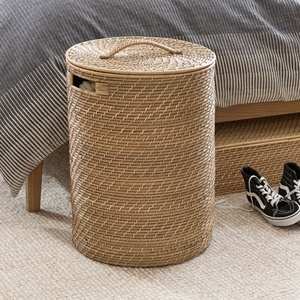 Cesto de ropa redondo de ratán natural, hecho a mano y ecológico, con tapa, cesta de almacenamiento para decoración del hogar, hotel o restaurante. - Product Image 2