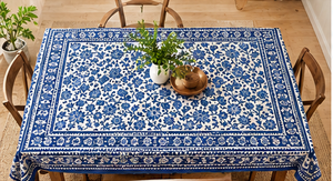 Mantel de Algodón Impermeable con Estampado Floral Azul, Hecho a Mano con Técnica de Bloqueo, para Hogar, Hoteles, Estilo Rústico Boho Indio, con Borde Decorativo - Product Image 3