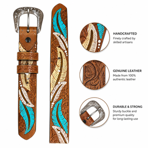 Cinturón de Cuero Occidental Hecho a Mano de Primera Calidad para Hombre, Diseño con Incrustaciones de Plumas, Cinturón de Cuero Genuino - Product Image 3