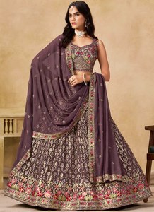 Wholesale Indian Women Dark Purple Mauve Georgette <b>Lehenga</b> Choli Gold Sequins Embroidered <b>Skirt</b> Crop Top Dupatta Set - Product Image 4